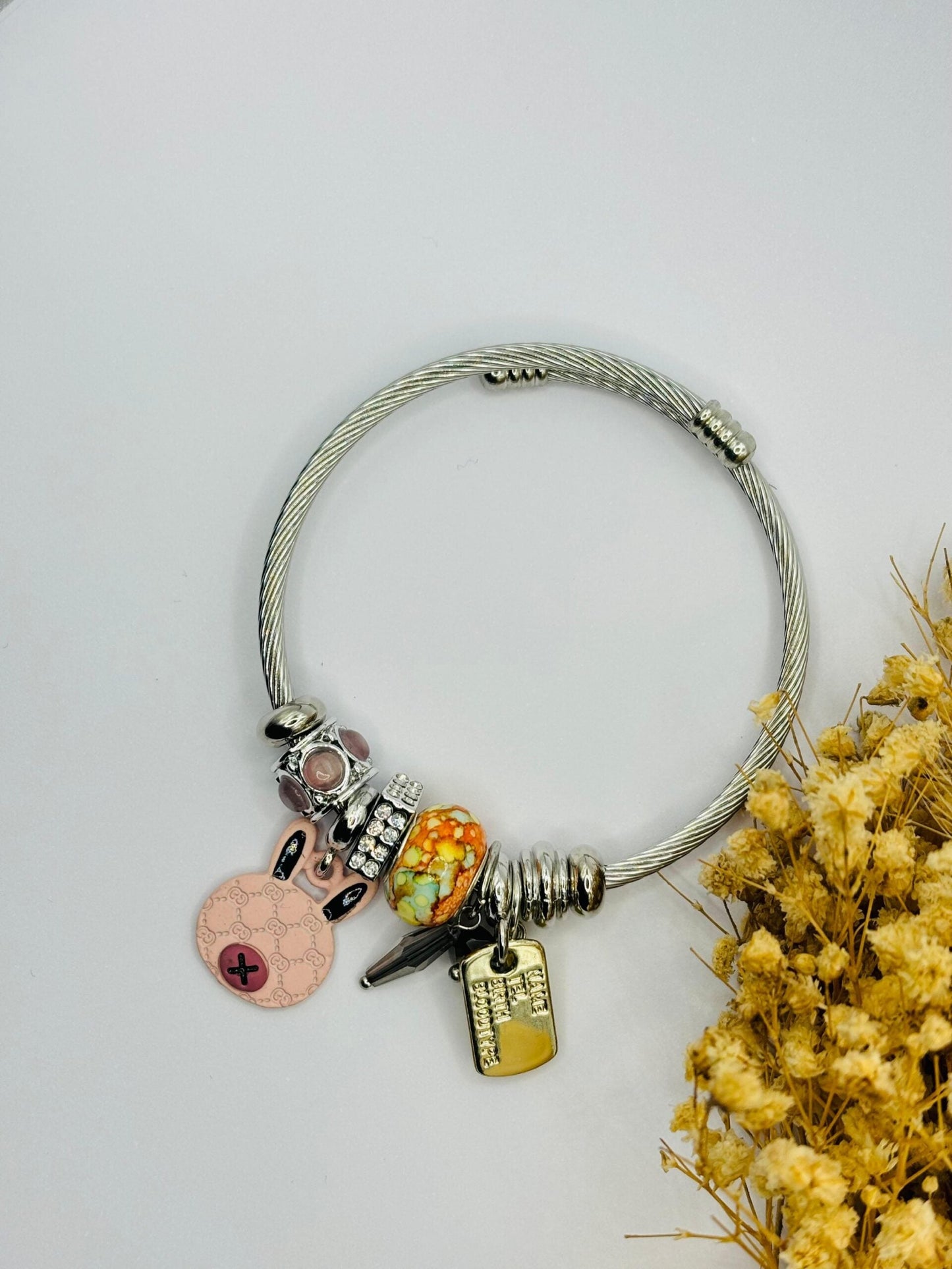 Çelik Pembe Ayıcık Charm Bileklik